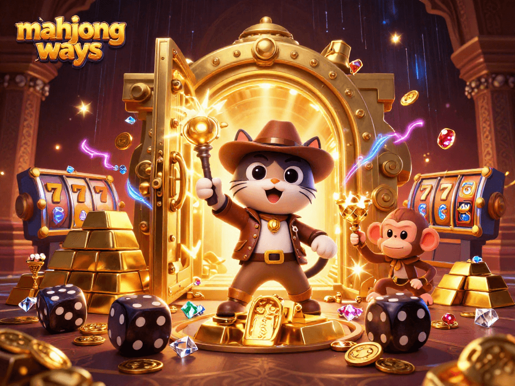 Engage with mahjong ways and uncover treasures in this vibrant casino scene filled with golden artifacts and exciting game symbols.