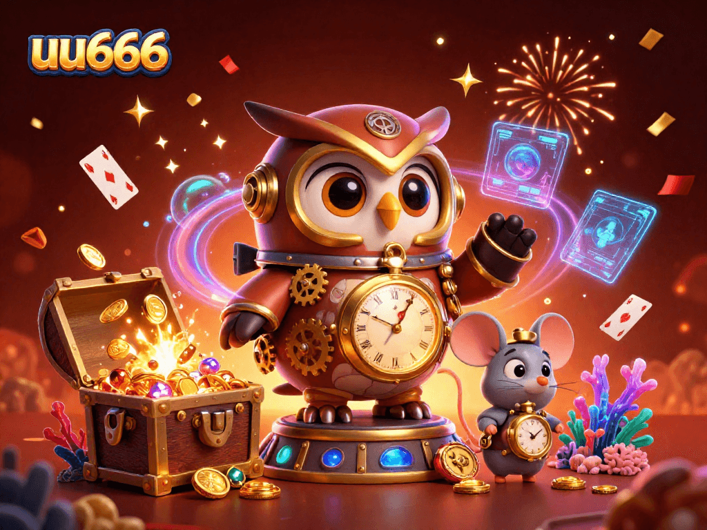 uu666 brings excitement with a vibrant 3D digital illustration showcasing a casino theme and lively characters.