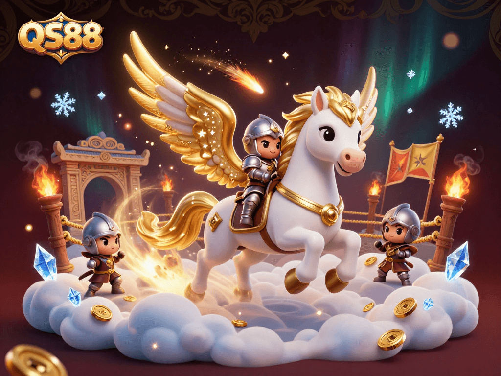 Experience the thrill of QS88 with a knight riding a celestial horse amidst golden coins and a dynamic casino scene.