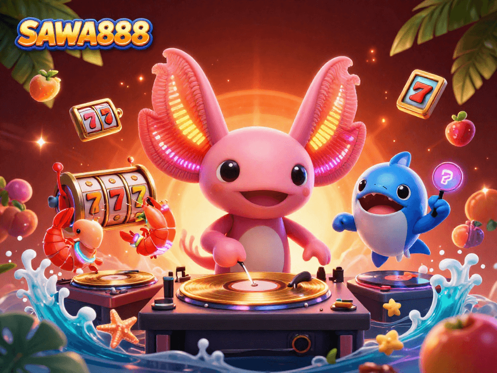 Experience thrilling gameplay at SAWA888 with vibrant slot reels and exciting characters in a dynamic scene.
