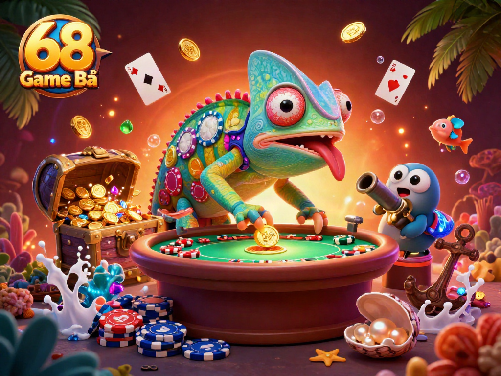 Experience vibrant gameplay at 68 Game Bài with lively casino elements and a colorful chameleon owner.