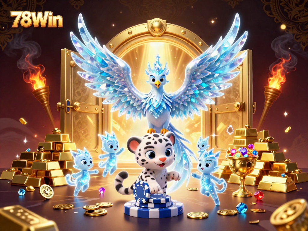 Engage with 78Win's dynamic gambling scene featuring a vibrant ice phoenix and treasures.