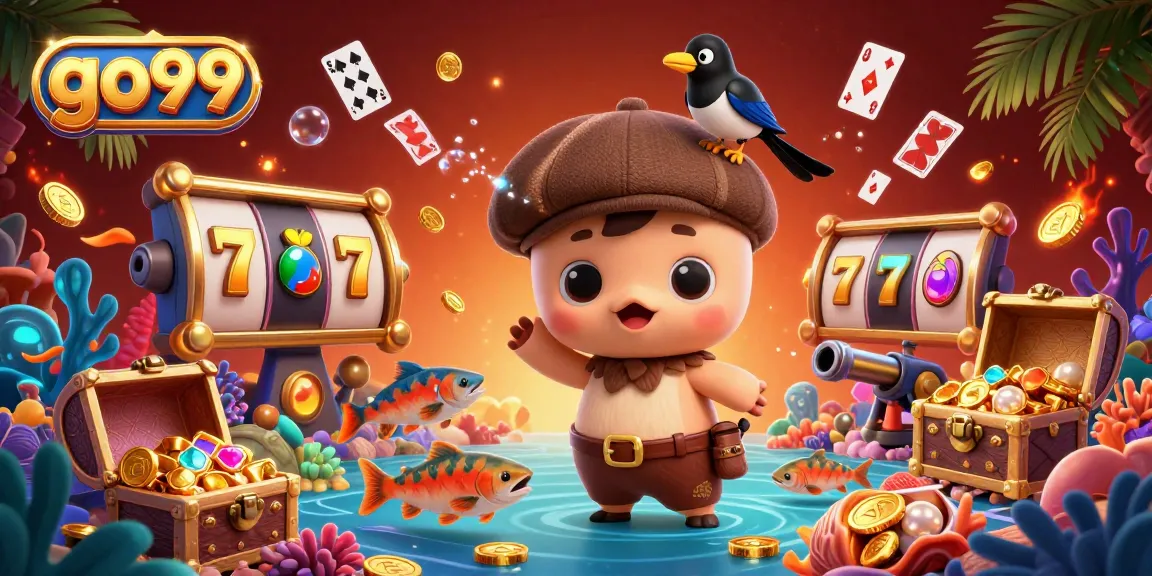 Experience thrilling gameplay with go99 in a vibrant casino scene featuring slot reels and playful characters.