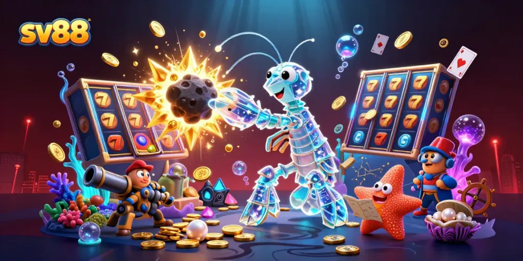 Experience exciting gameplay at sv88 with vibrant slot reels and colorful gems in this dynamic casino scene.