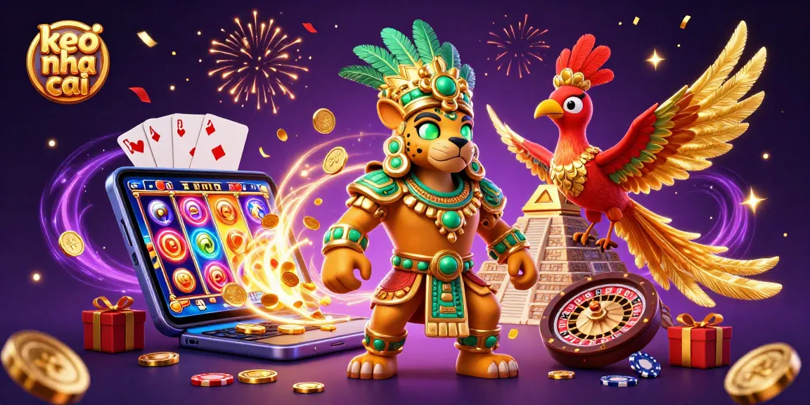 Engage with 'keo nha cai' through exciting slot games in this vibrant illustrated scene.