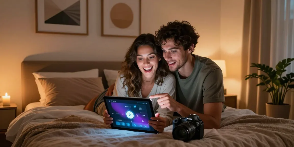 Couple exploring sex AI technology on a tablet in a cozy bedroom setting.