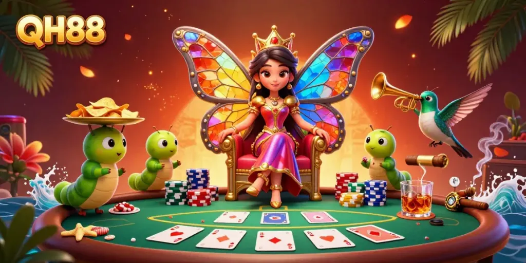 Engage with QH88's vibrant casino world featuring dynamic characters and poker elements.