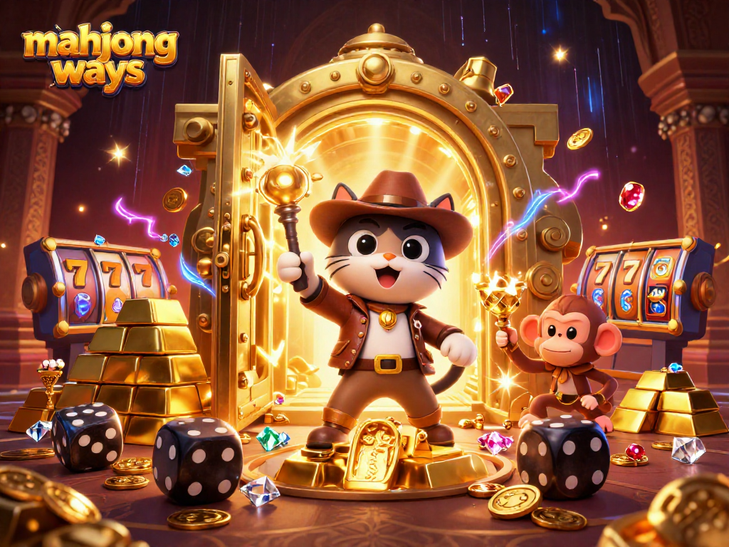 Engage with mahjong ways and uncover treasures in this vibrant casino scene filled with golden artifacts and exciting game symbols.