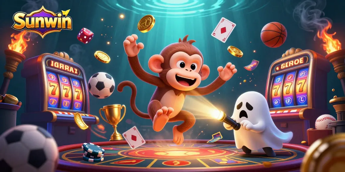 Sunwin promotes exciting gameplay with a playful monkey juggling casino elements in a lively haunted casino.