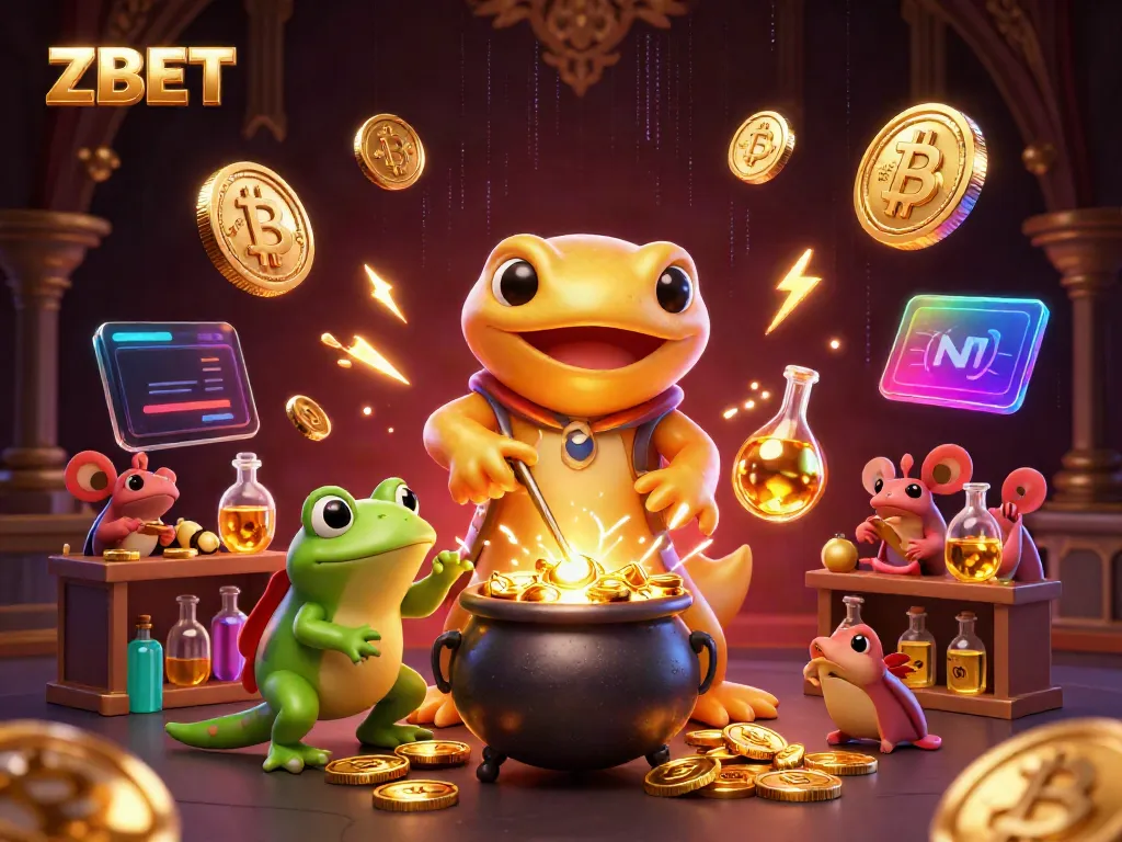 ZBET engages players with a vivid 3D illustration featuring gold alchemy and crypto coins in an electronic casino atmosphere.