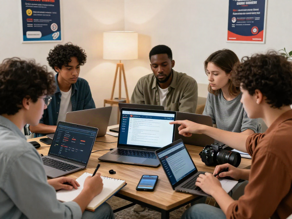Group examining a 토토사이트 검증 먹튀스팟 site on a laptop for safe gambling verification.
