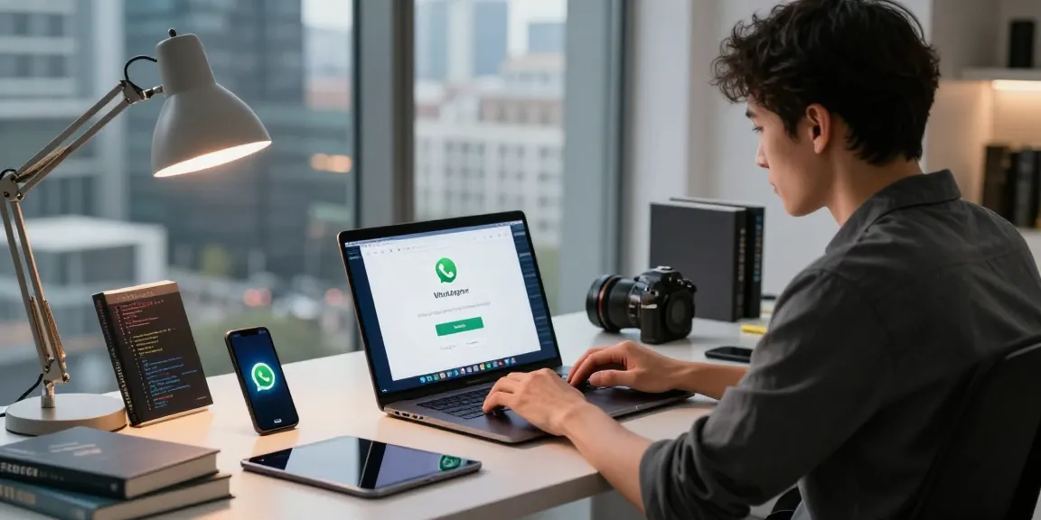 Person engaged in WhatsApp下載 installation on laptop at modern workspace, showcasing tech tools.