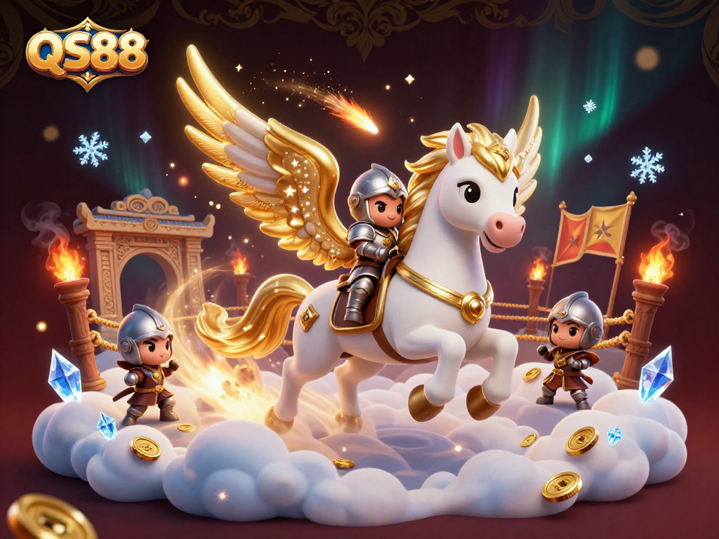 Experience the thrill of QS88 with a knight riding a celestial horse amidst golden coins and a dynamic casino scene.