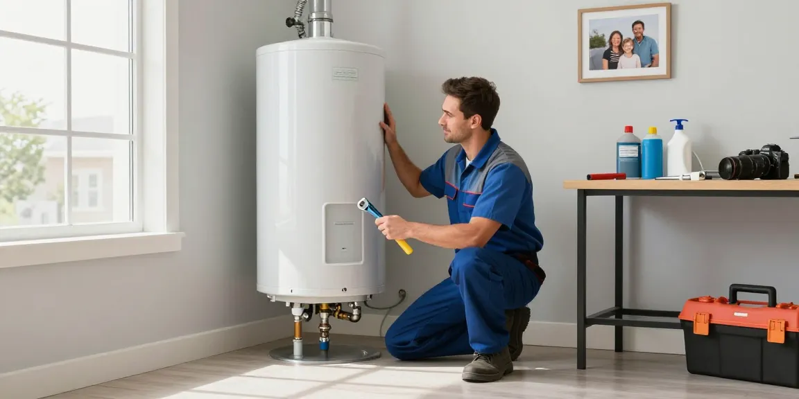 Dependable plumbing repair Fort Worth technician installing a new water heater in a clean utility room.