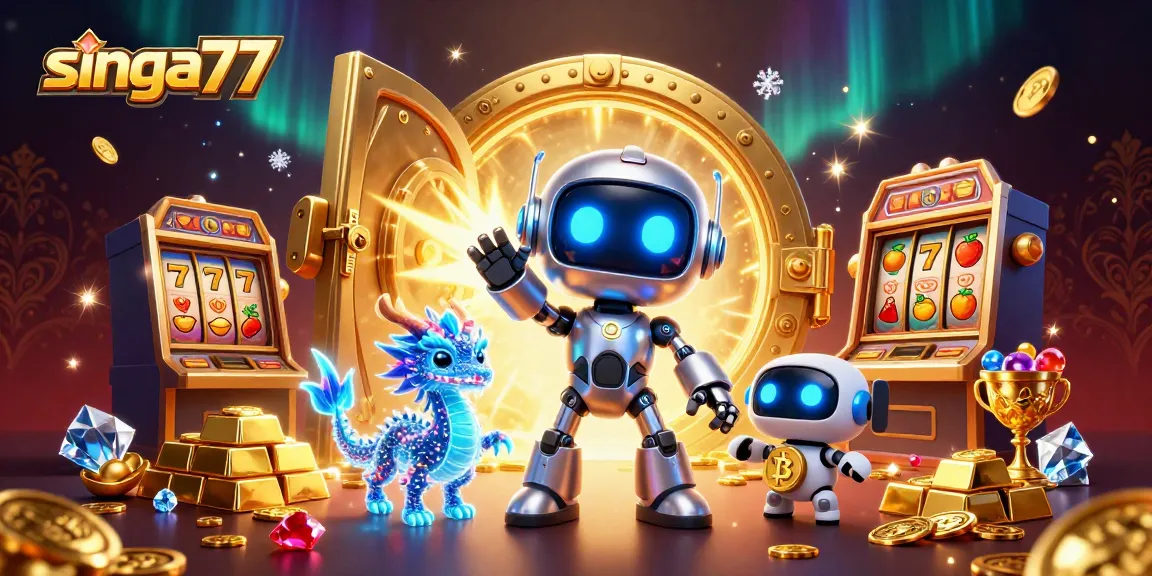 singa77 showcases a vibrant 3D illustration of a cyberpunk robot, AI dragon, and Bitcoin drone in a casino setting.