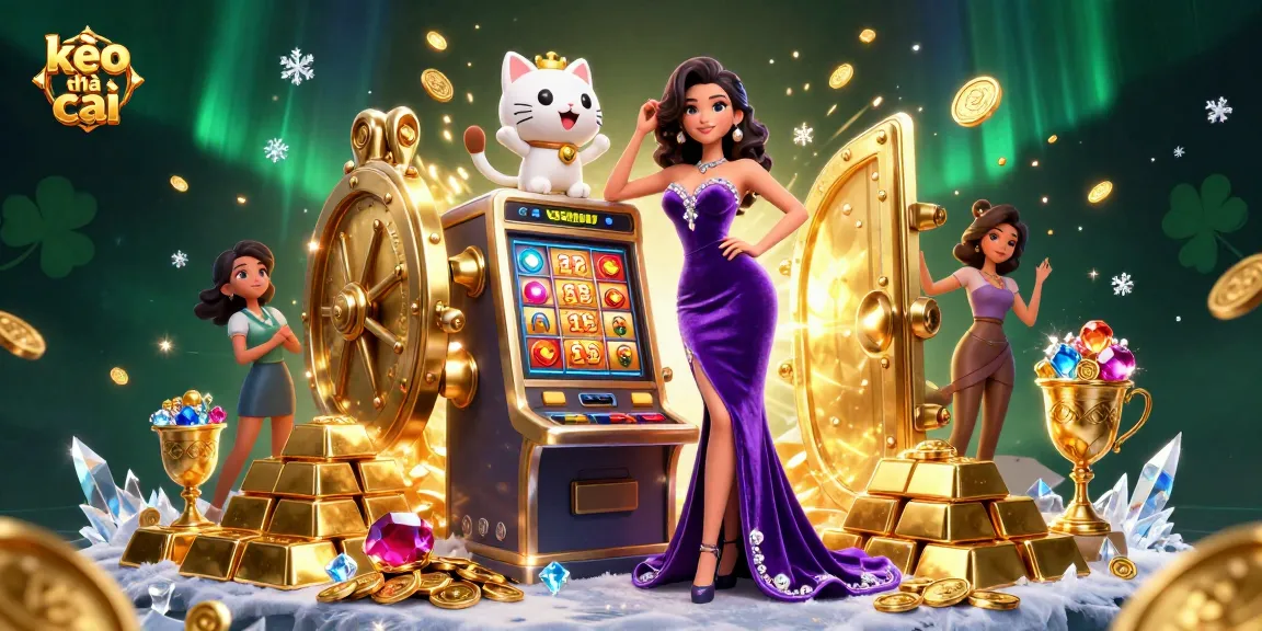 Experience kèo nhà cái with a glamorous woman celebrating a jackpot amidst a pile of treasures and coins.