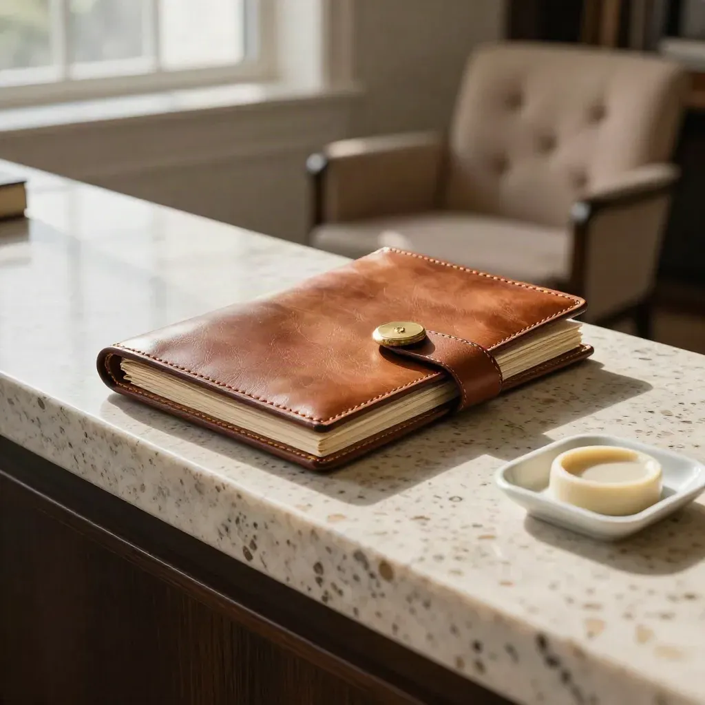 Leather portfolio and brass seal on a sunlit stone ledge