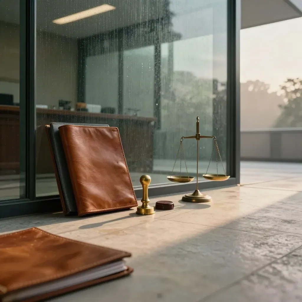 Rain-lit commercial law office with leather case folders, brass seal and scales in evening calm.