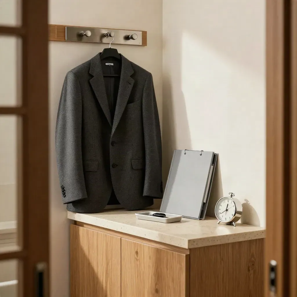 Reset office corner with blazer, closed file, clock and key tray in soft daylight.