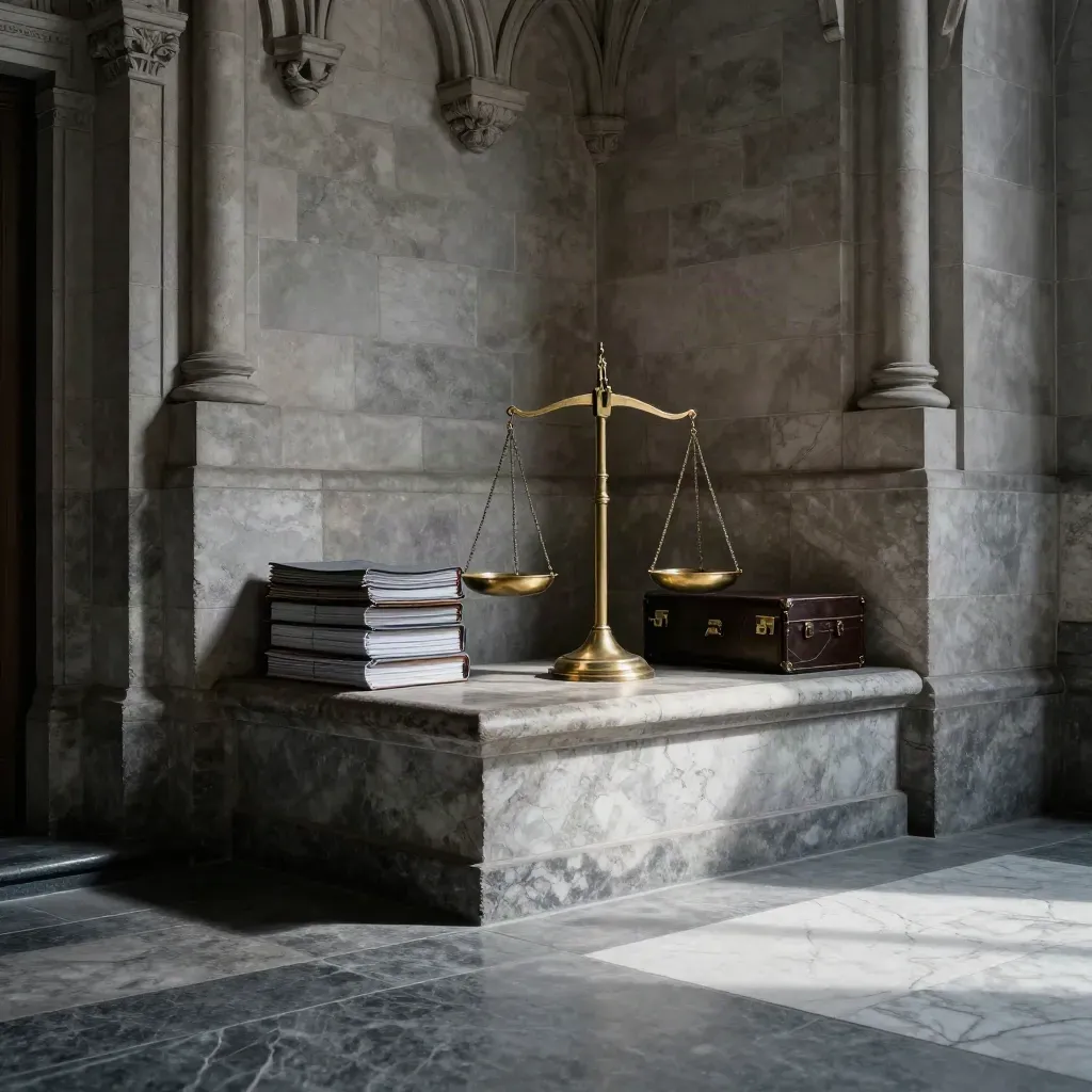 Stone courthouse vestibule with legal briefs, brass scales and a case box in dramatic light.