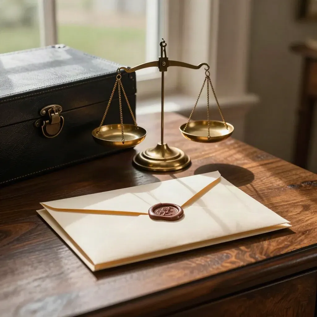 Brass scale, sealed envelopes, and dark case box on a walnut sideboard.
