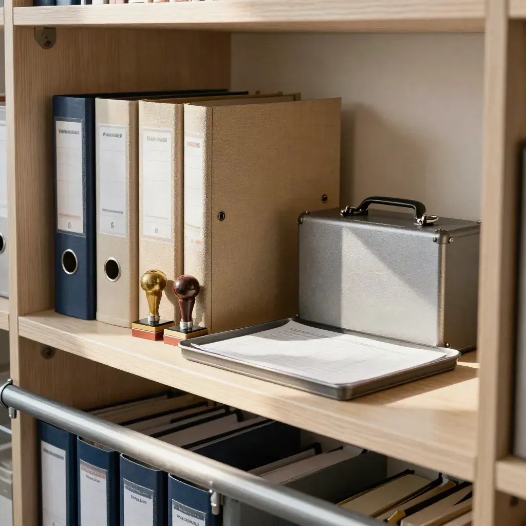 Compliance shelf with sealed binders, audit stamps, and an inspection kit on a metal tray.