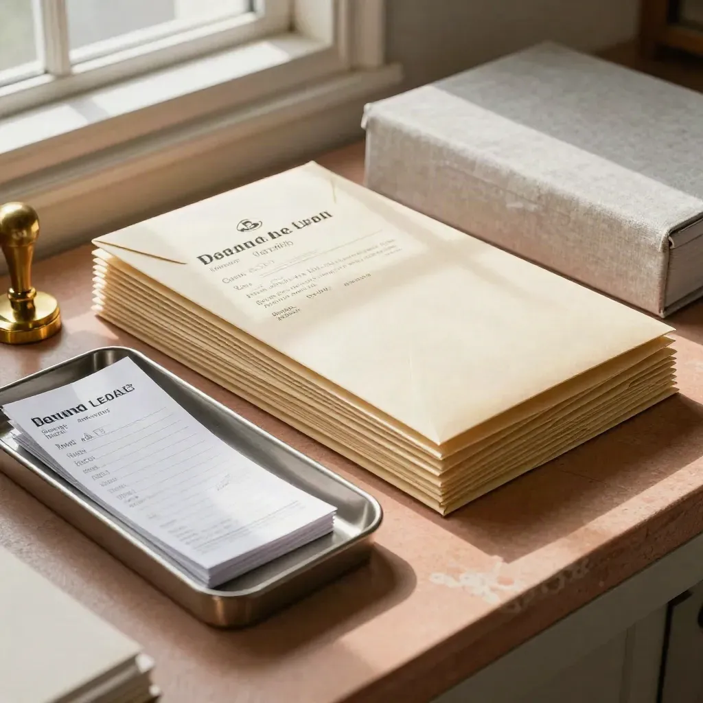 Debt recovery envelopes, receipt tray, brass stamp block and ledger box on terracotta plaster.