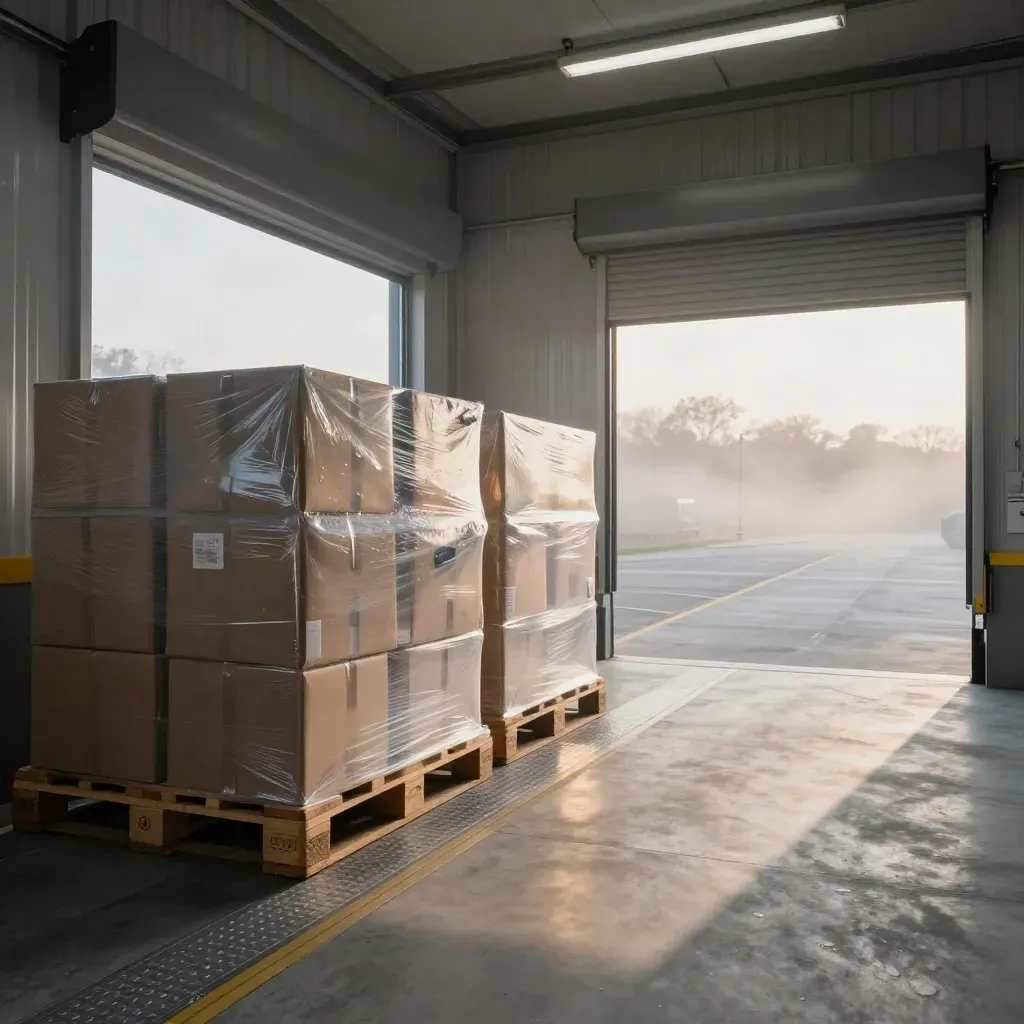 Immaculate retail loading bay at dawn with sealed cartons, shrink-wrapped pallets and misty light