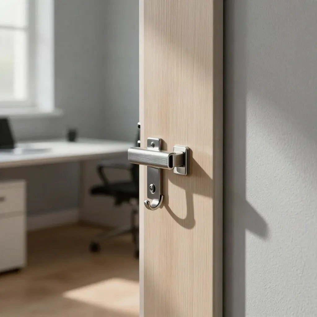 Macro of a closed office door, bare coat hook, and cleared desk in a calm empty suite.