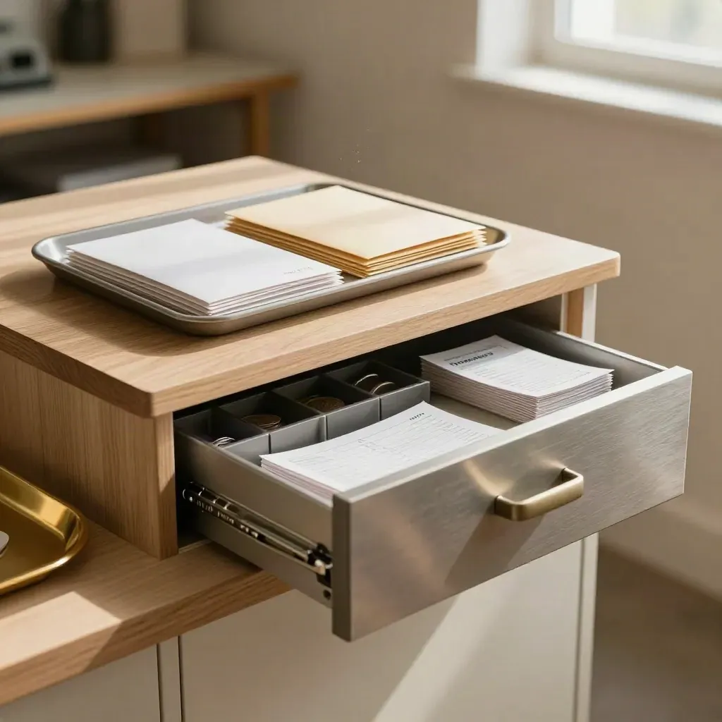 Cleared workshop payment tray, sorted remittance envelopes and an open cash drawer in warm window light
