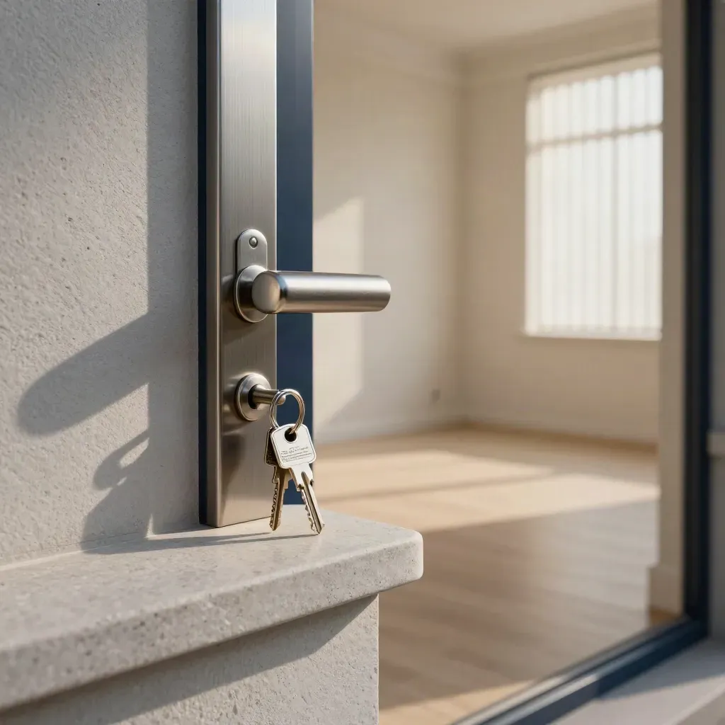 Empty commercial unit with new keys, fresh lock hardware and straight blinds in soft morning haze.