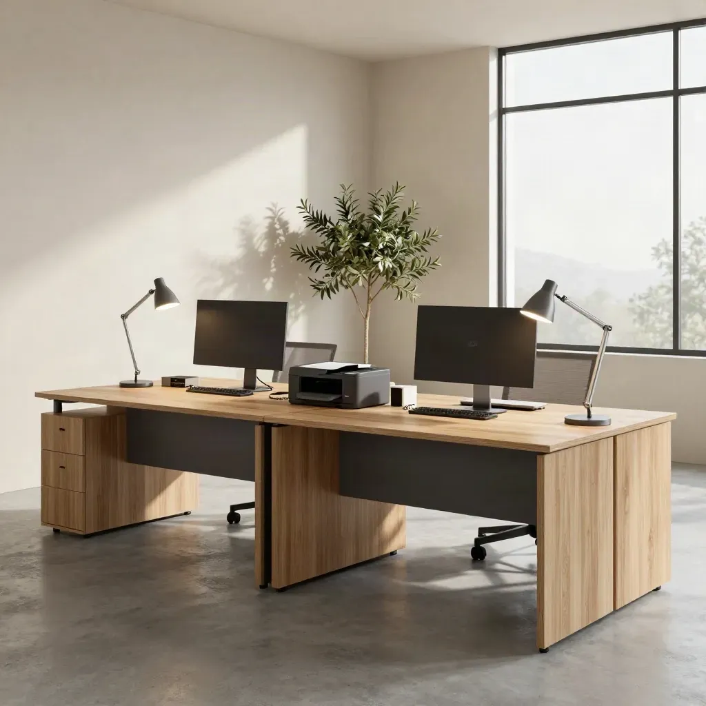 Finished legal consultancy office with twin desks, olive tree, task lights, and boxed tech accessories.