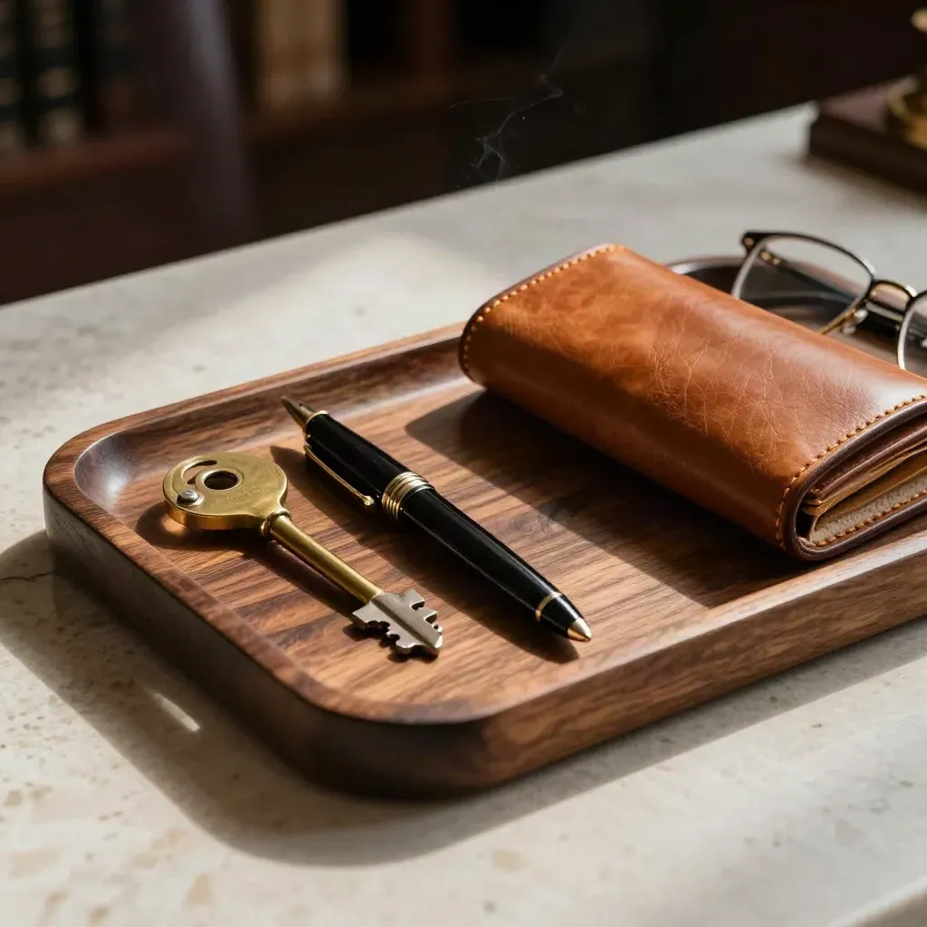 Walnut tray with pen, brass opener, leather case and glasses on travertine