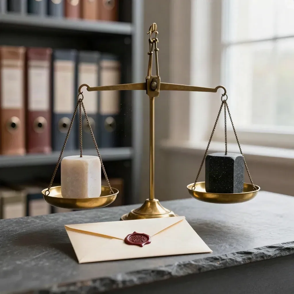 Brass balance scale with stone weights and a sealed envelope on slate.