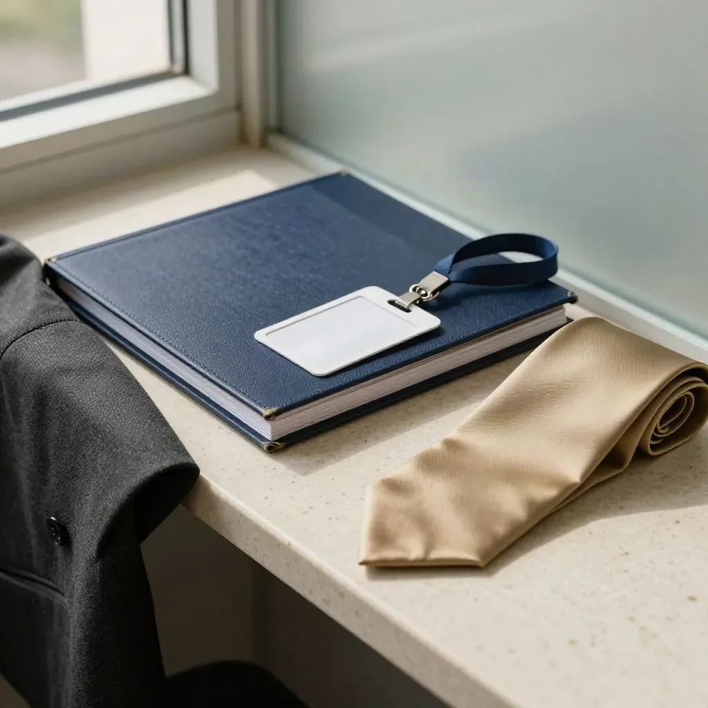 Blazer cuff, navy binder, turned lanyard and khaki tie fold in a legal office close-up.