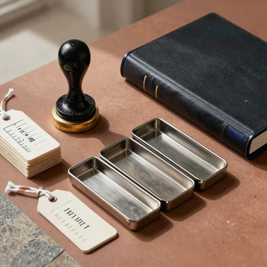 Overhead still life of compliance tools: stamp, inspection tags, metal trays, and ledger box.