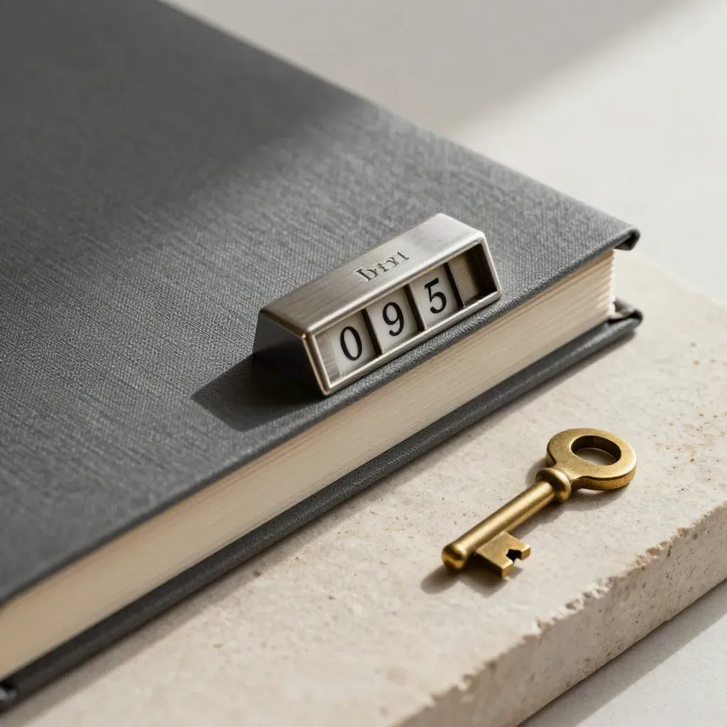 Closed case file, date stamp, and brass key on pale stone in soft side light.