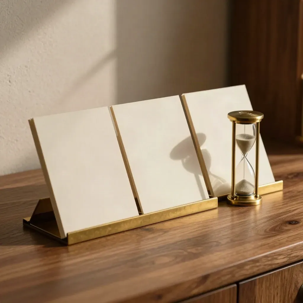 Ivory cards, brass dividers and a sand timer on walnut in a quiet legal planning still life.