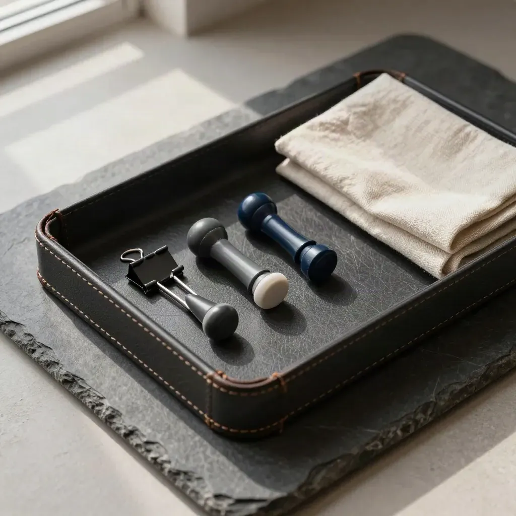 Overhead leather legal tray with binder clips, wax sticks and linen on dark stone