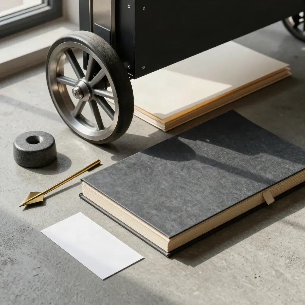 Overhead legal still life with file wheel, folder stack, paperweight and brass arrow clip on concrete.
