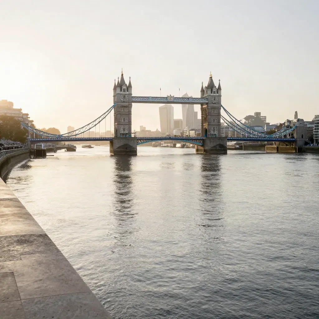 Tower Bridge and the City skyline above misty Thames water at sunrise