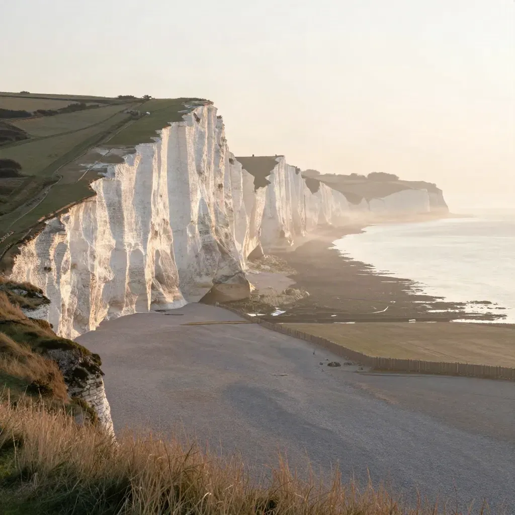Chalk cliffs above misty South East England fields and coast at dawn