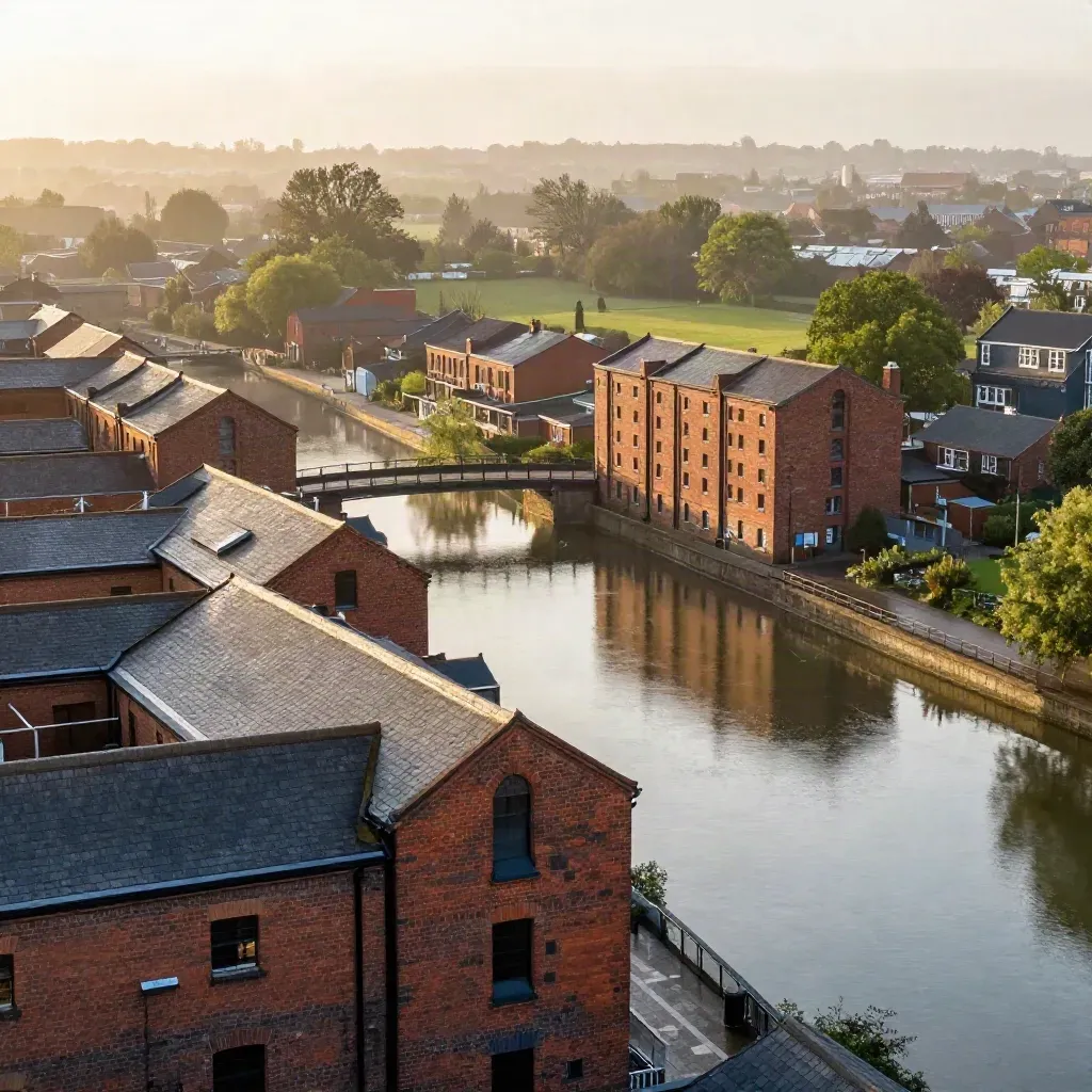 Golden-hour Midlands canal city with red brick rooftops, parkland, and misty water