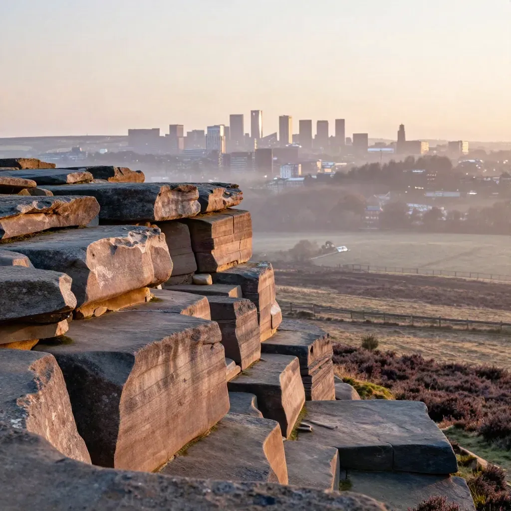 Sandstone terraces with a distant Manchester skyline glowing above a misty Pennine foreground at sunset.