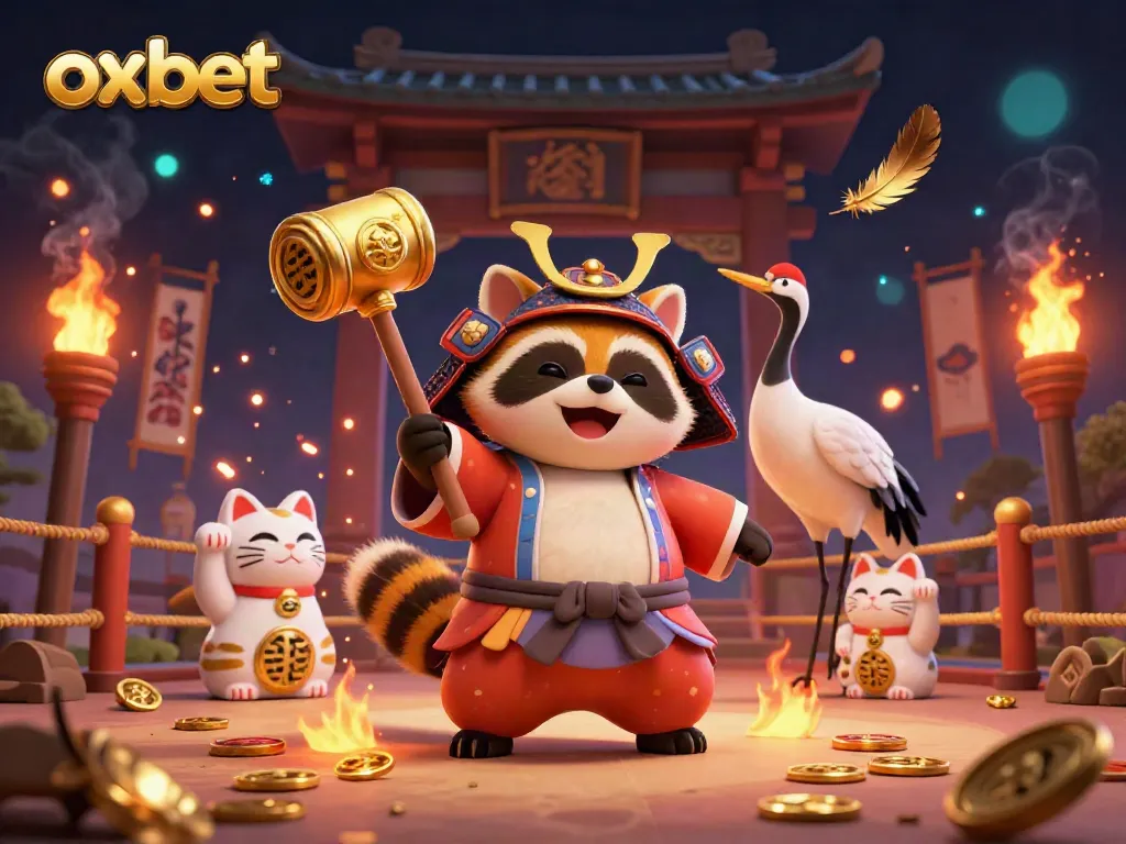Experience the vibrant gaming scene with oxbet, featuring a cheerful tanuki, samurai crane, and colorful fortune cats.