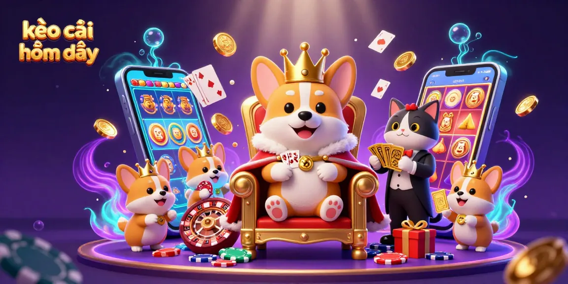 Engage with kèo nhà cái hôm nay through vibrant 3D casino illustration showcasing royal corgi royalty.
