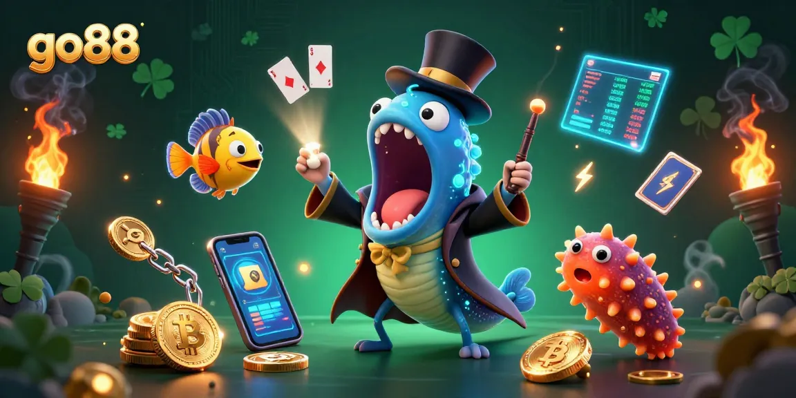 Experience the excitement of go88 with a vibrant underwater casino scene featuring animated characters performing magic.