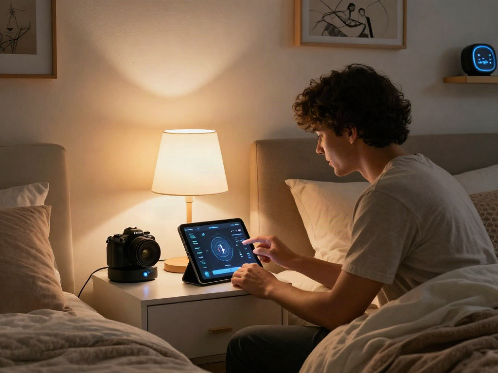 Couple using sex ai app on tablet for relationship advice in cozy bedroom setting.