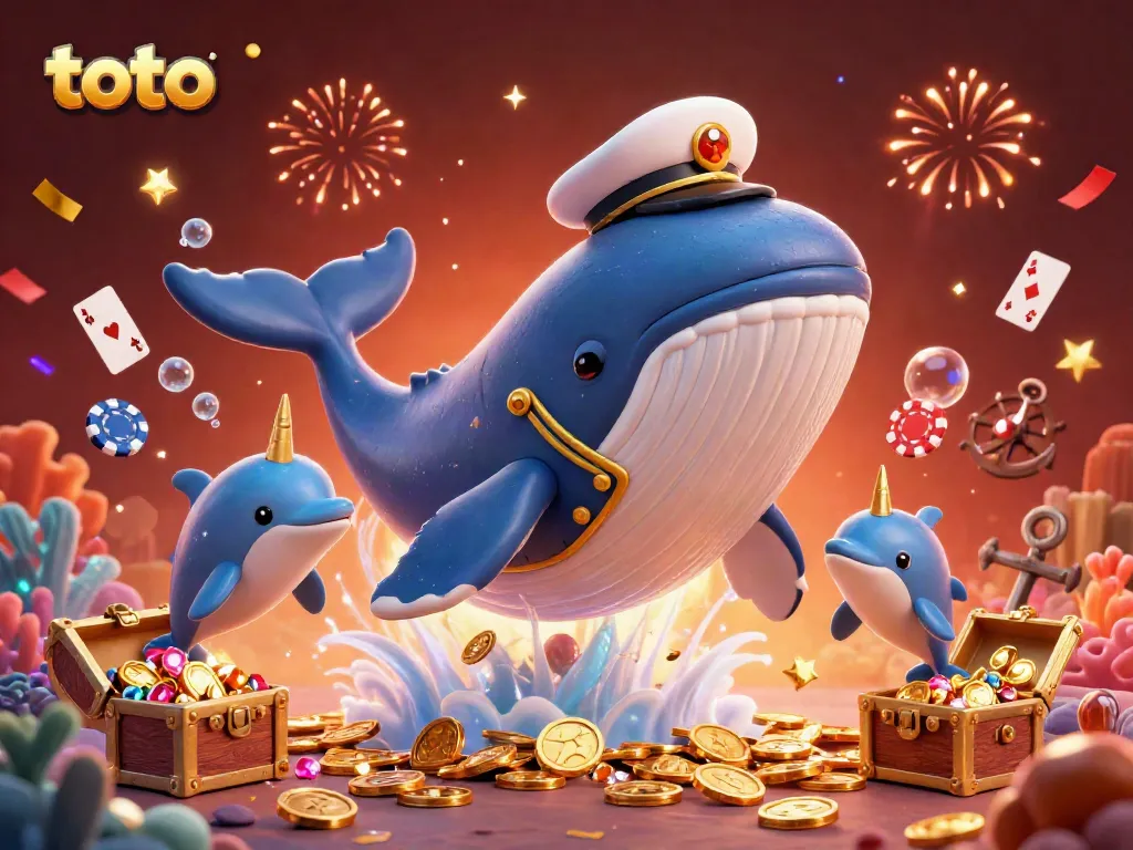 Engage with the thrilling world of toto casino featuring a whale, poker dolphins, and treasure in a dynamic underwater scene.