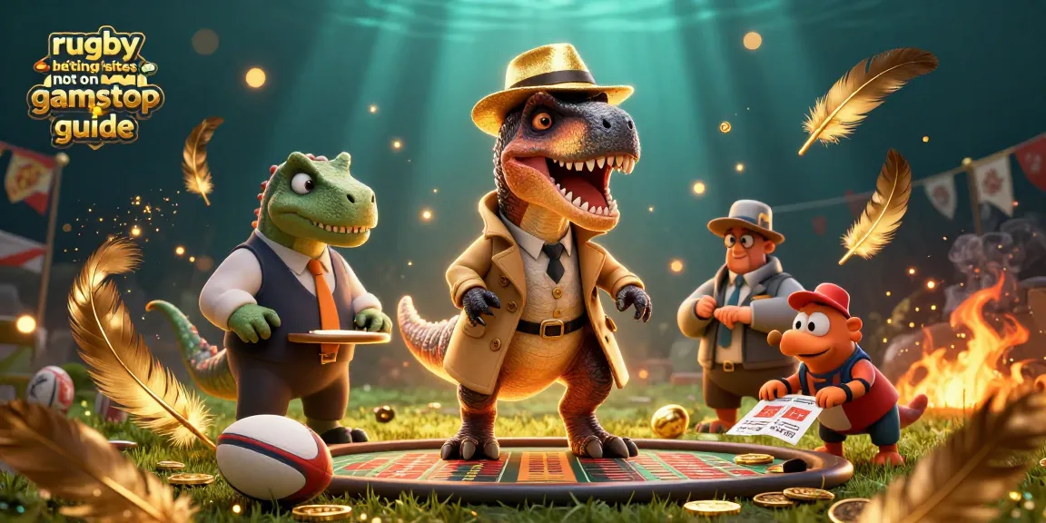 Engage with the rugby betting sites not on gamstop guide featuring a velociraptor betting at a rugby table.